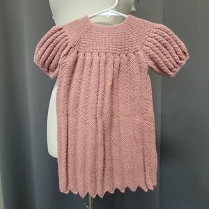 Handmade Crochet‎ Dress Pink Puff Sleeve Chevron Hem Baby Girl 12-18M